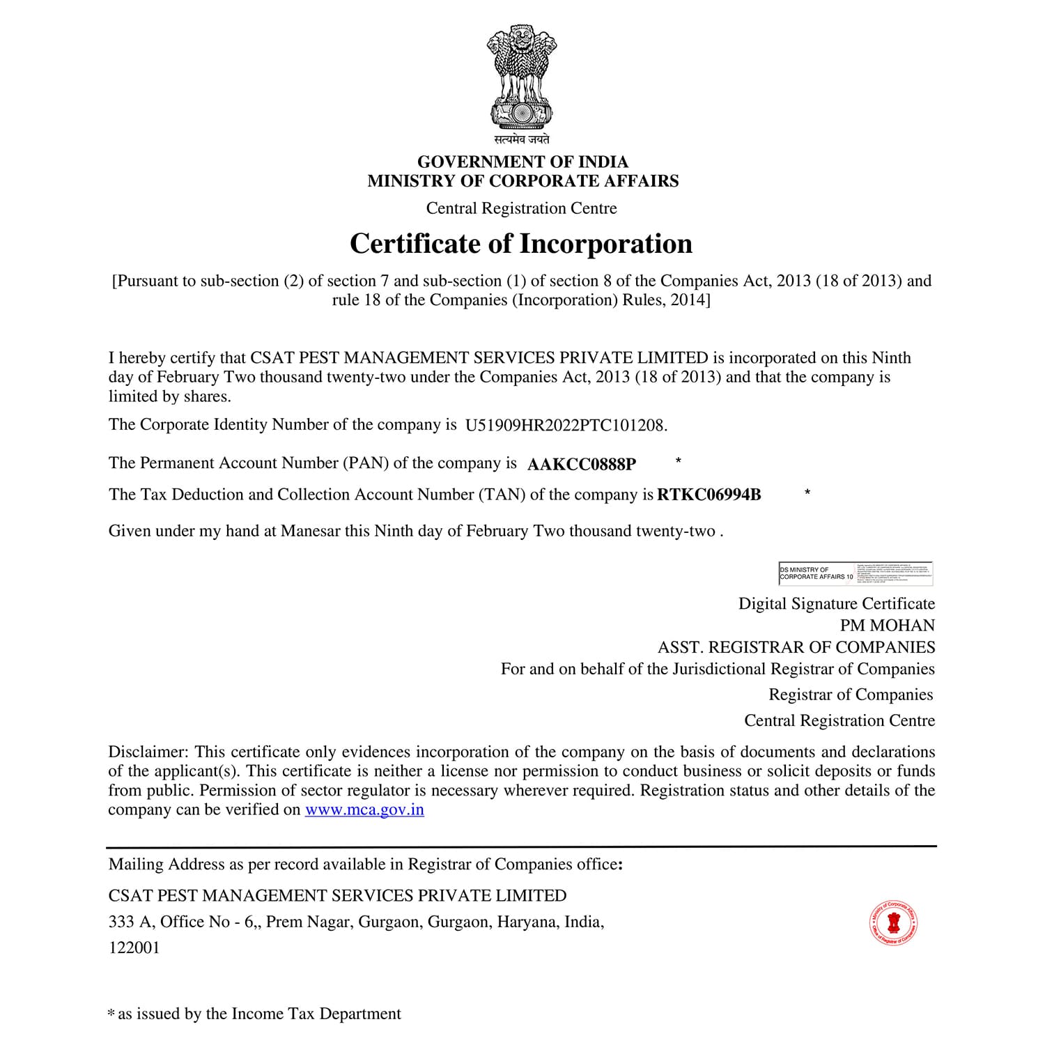 Certificate Of Incorporation