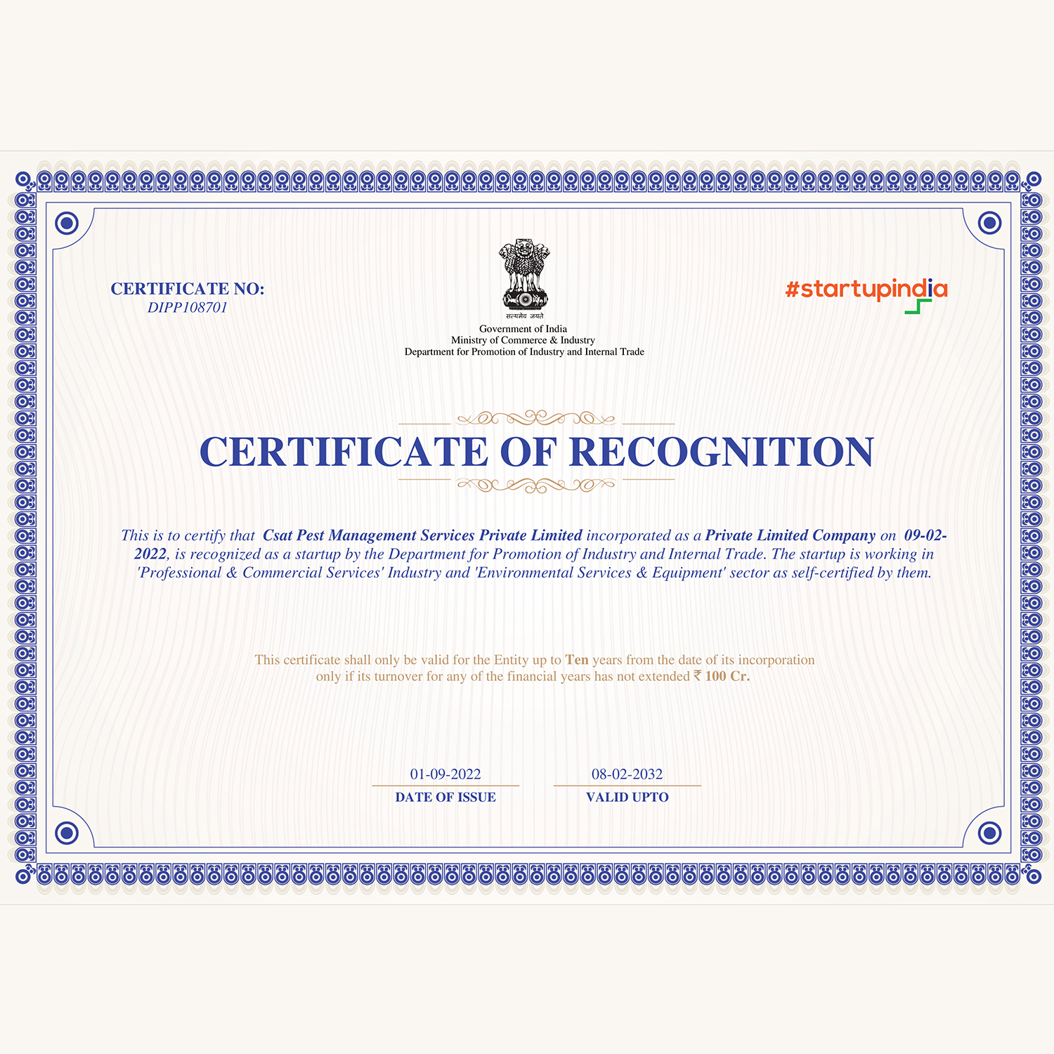 Certificate Of Startup India Recognition