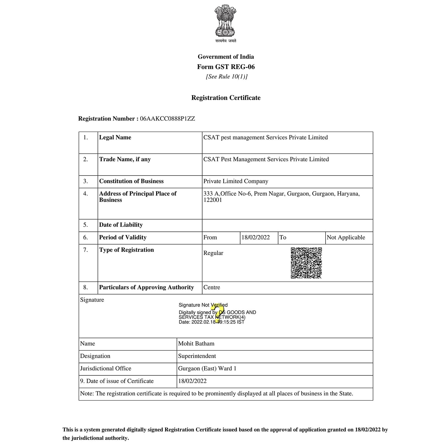 Registration Certificate